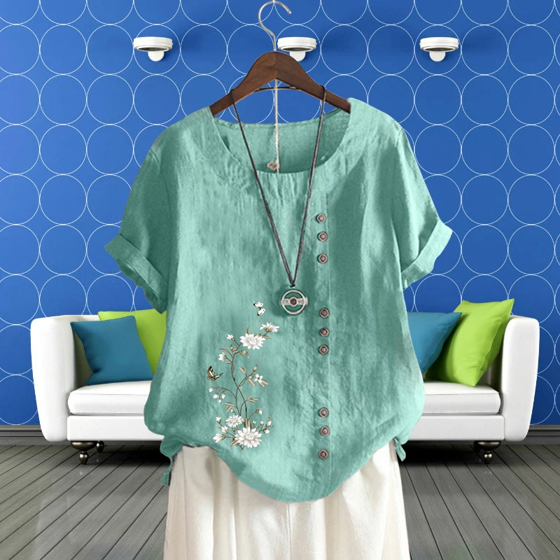 

Женская свободная льняная футболка с коротким рукавом, круглым вырезом, маргариткой, бабочкой, цветочным принтом