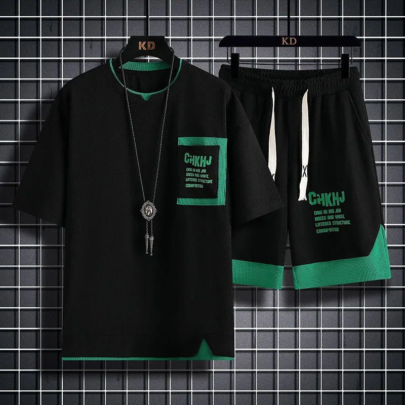 Waffle Short Sleeve Suit Men's Summer New Fashion Brand Set Handsome Youth Student Sports Casual Clothes