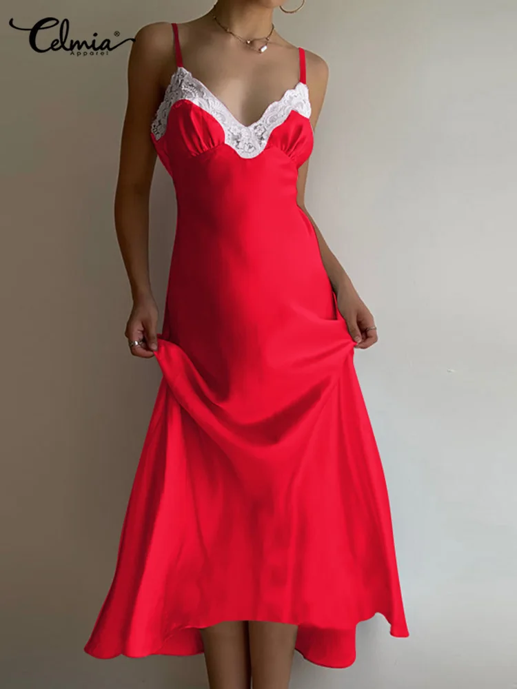 

Celmia Sexy Spaghetti Strap Nightdress Women Lace Patchwork Pajamas Robes 2022 Summer Solid Color Long Dress V-neck Nightgown