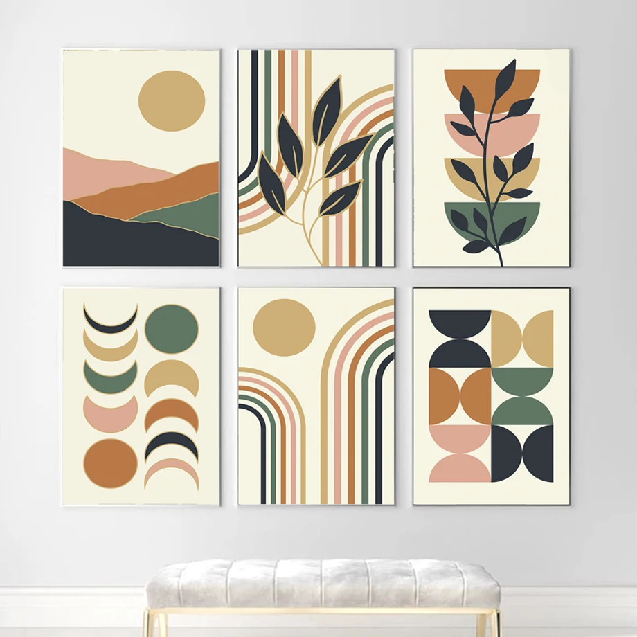 

Boho Sun Moon Mountain Rainbow Leaf Abstract Posters Wall Art Pictures Nordic Bedroom Living Room Decor Prints Canvas Painting