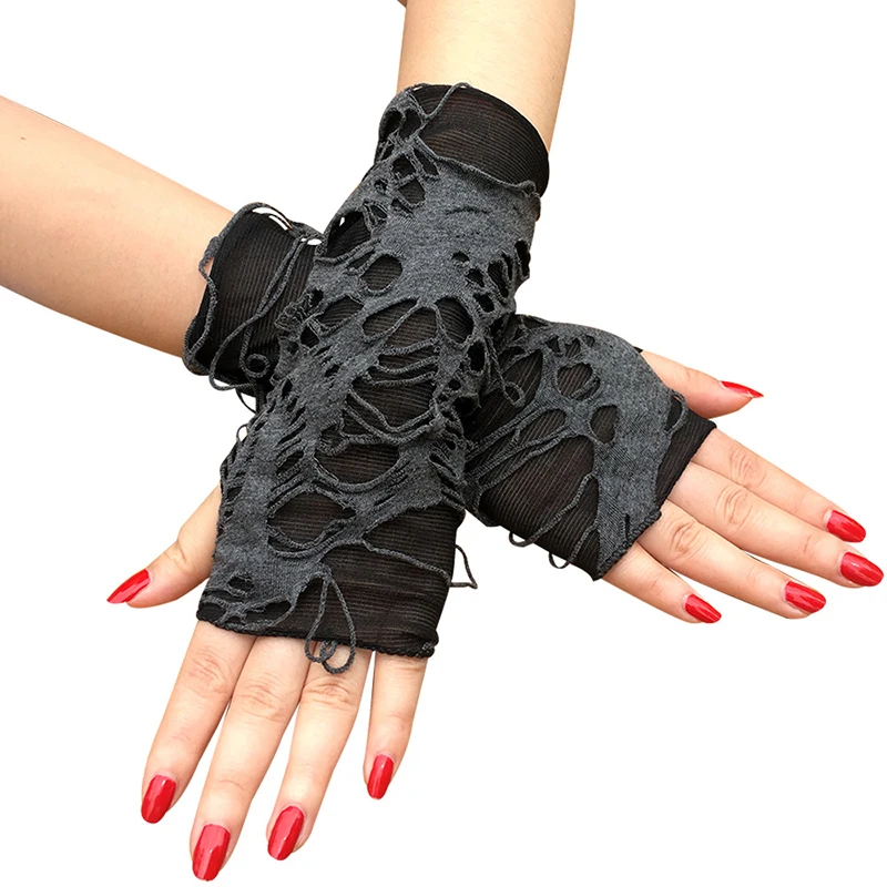 

Punk Black Broken Slit Gothic Unisex Glove Fingerless Cuff Ninja Sport Hole Mitten Women Men Hollow Out Rock Ripped Holes Gloves