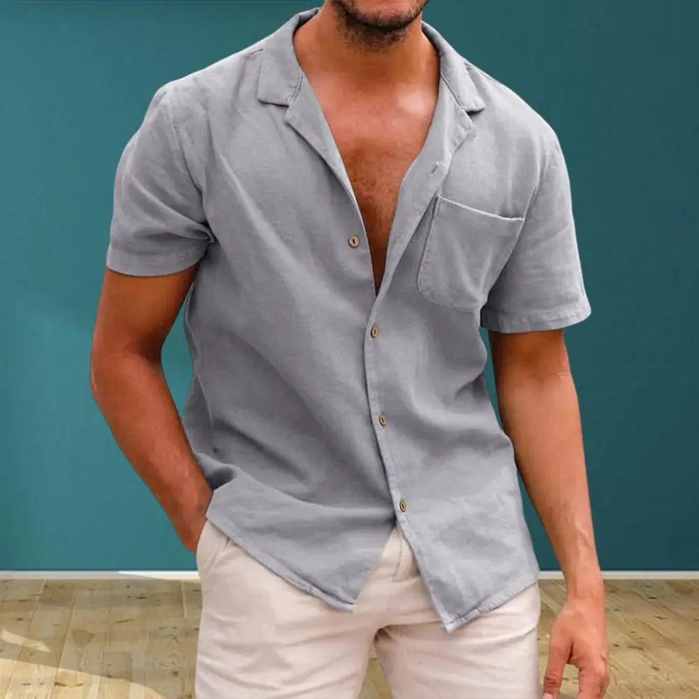 

Men Shirt Solid Color Simple Short Sleeve Single-breasted Summer Top Garment Cardigan Comfortable Men Top