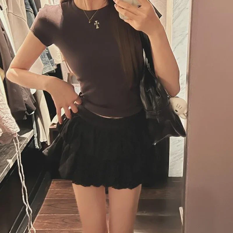 Сексуальная черная юбка DEEPTOWN женская летняя кокетка Y2k кружевная Лоскутная Милая