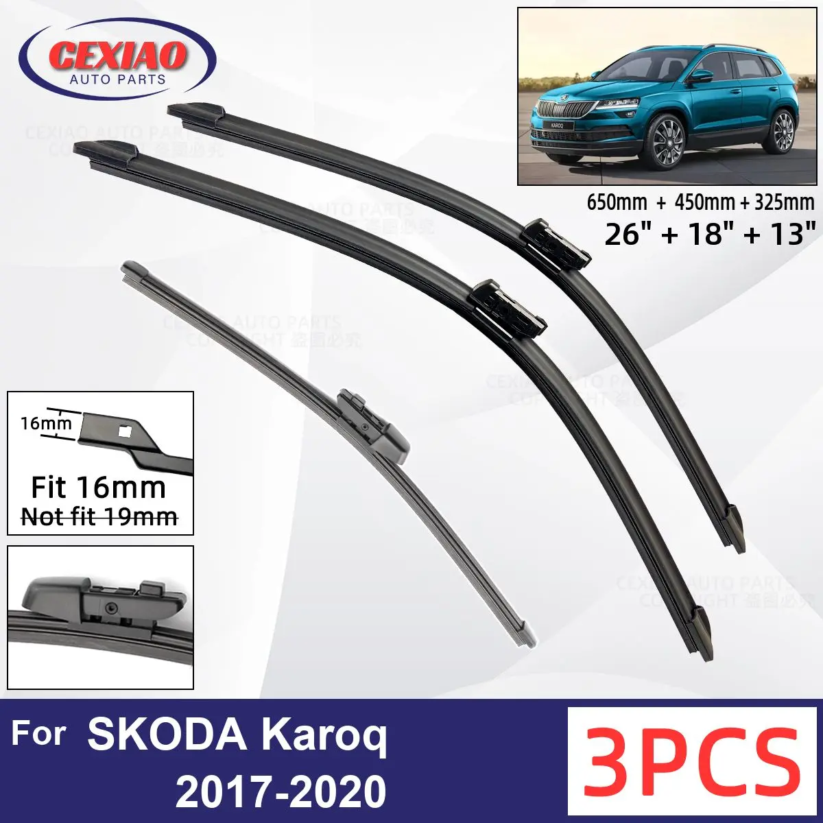 

For SKODA Karoq 2017-2020 Car Front Rear Wiper Blades Soft Rubber Windscreen Wipers Auto Windshield 26"+18"+13" 2017 2018 2019
