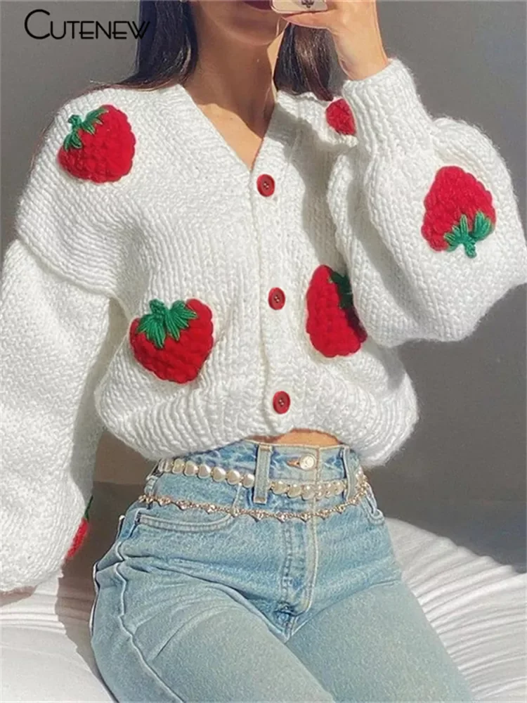 

Cutenew Strawberry Kintted Long Sleeve Loose Single Breasted Coat Women Autumn Fashion Thicken Warm Cardigan Sweater Streetwear