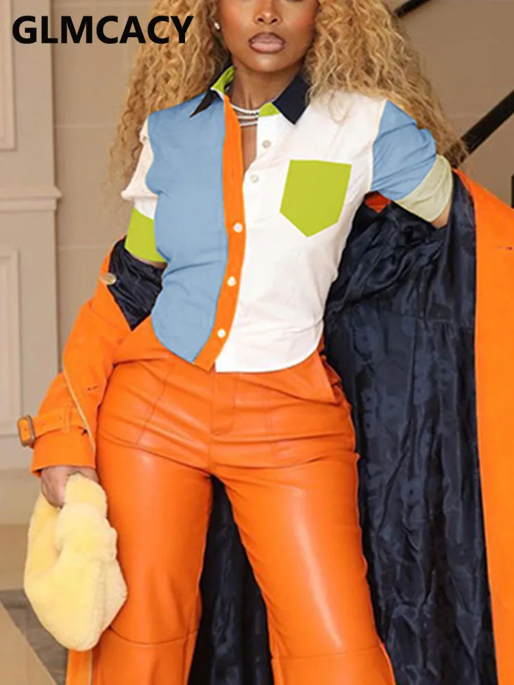

Women Long Sleeve Colorblock Button Up Shirt Blouse Tops