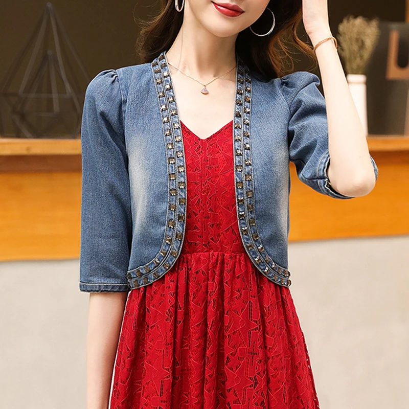 

New Spring Summer Fashion Women’s Denim Jacket Half Sleeve Loose Open Stitch Short cardigan Wild Leisure shawl Coat