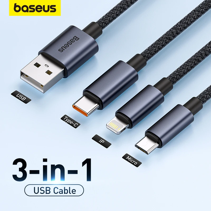 Baseus 3 in 1 USB Cable Type C Cable For Samsung Xiaomi Mi 9 Huawei Cable For iPhone 13 12 11 Phone Charger Micro USB Data Cable