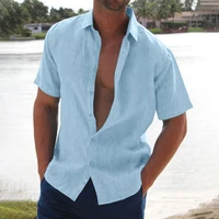 2022 popular summer lapels solid color casual short sleeve beach mens linen shirts