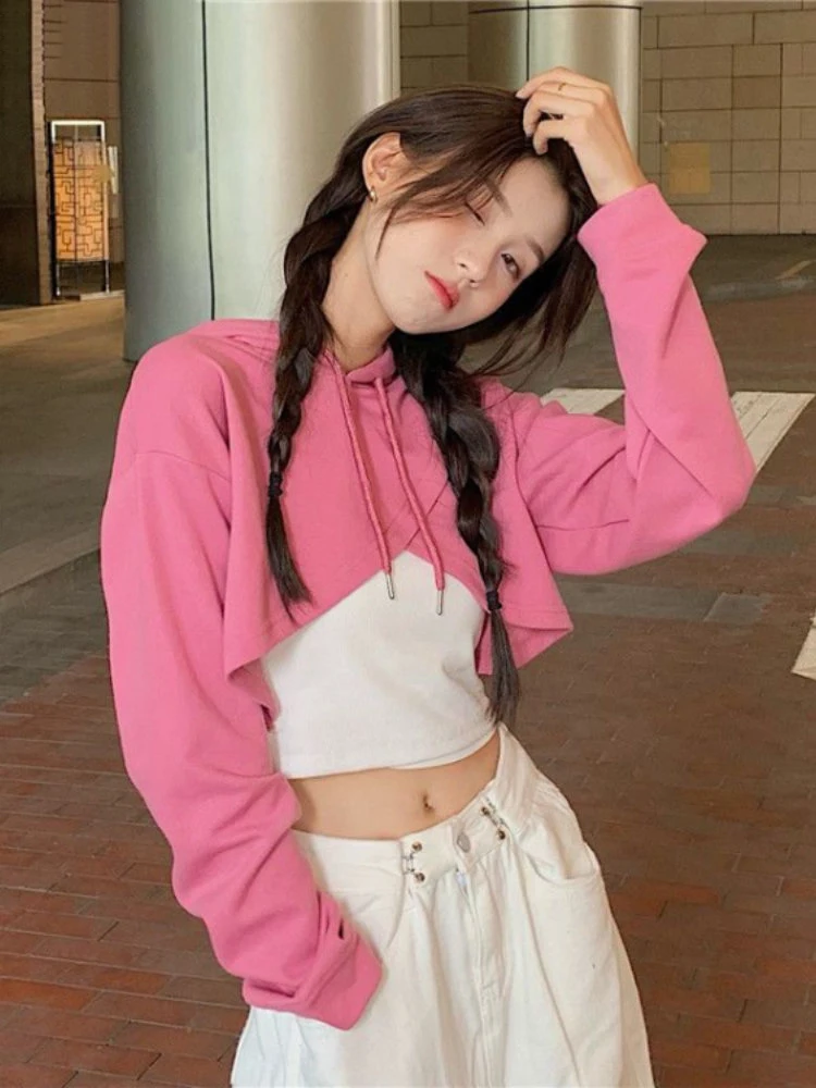 

Женский комплект из двух предметов Y2k, укороченная толстовка с капюшоном и майка без рукавов, корейская мода, асимметричный свитшот, Повседневный пуловер, Топ
