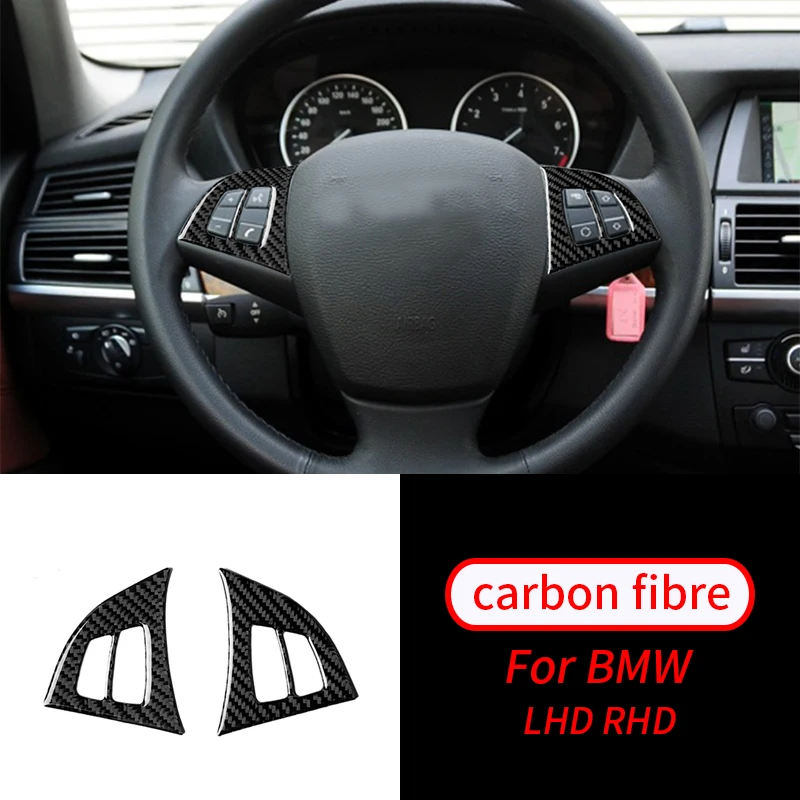 

For BMW X5 E70 2007-2012 2pcs Real Carbon Fiber Car Steering Wheel Button Cover Decoration Sticker Trim