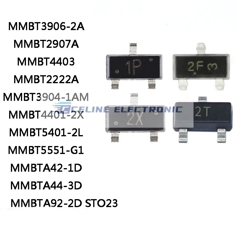 

100PCS MMBT2222A MMBT2907A MMBT3904 MMBT3906 MMBT4401 MMBT4403 MMBT5401 MMBT5551 MMBTA42 MMBTA44 MMBTA92 Bipolar Transistors