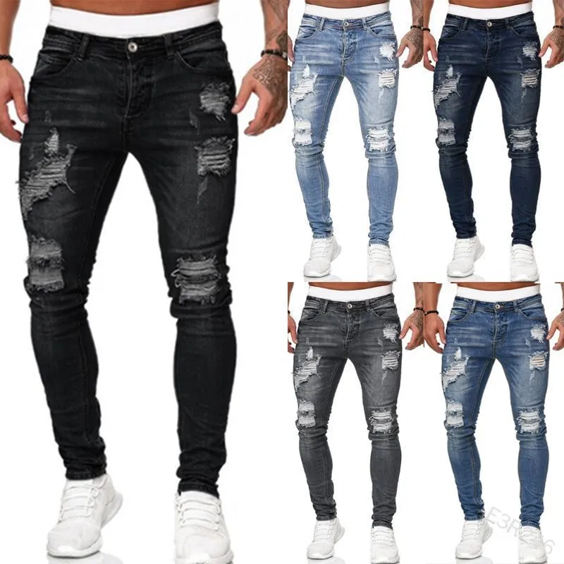 Men Denim Men's Blue Pants  Ripped Skinny Stretch Distressed Destroyed Slim Jeans  Side Striped Denim Pants