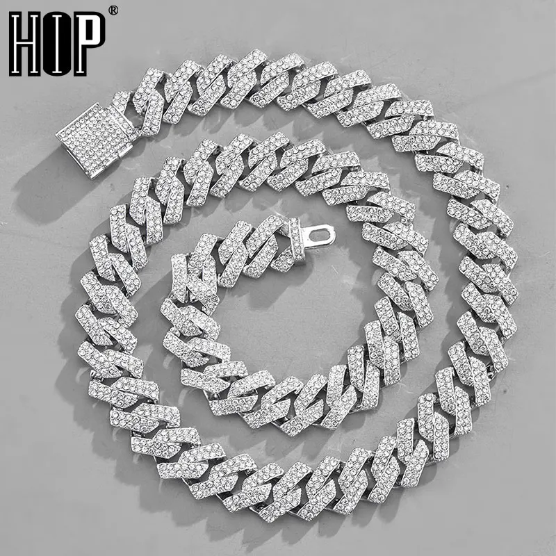 

15MM Rhombus Prong Cuban Link Chain 2Row Iced Out Rhinestones Rapper Necklaces Bracelet For Men Women Choker Jewelry