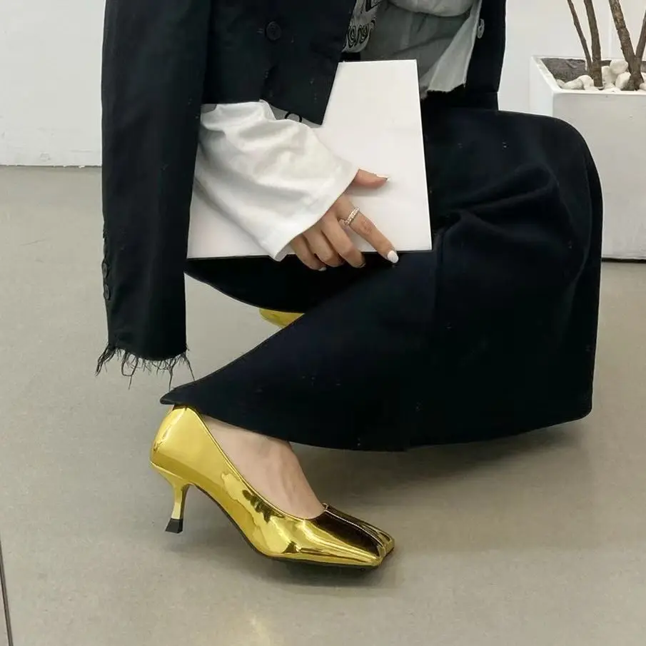 Shinging Women Pumps Square Toe Sexy Gold Silver Thin High Heels Shallow Slip On Party Dress Shoes Office Pumps Elegant Pumps
