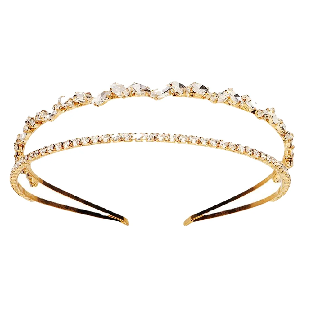 

Set Bride Crown Headband Wigs Flash Double Layer Rhinestones Bridesmaid Gold Hair Accessories