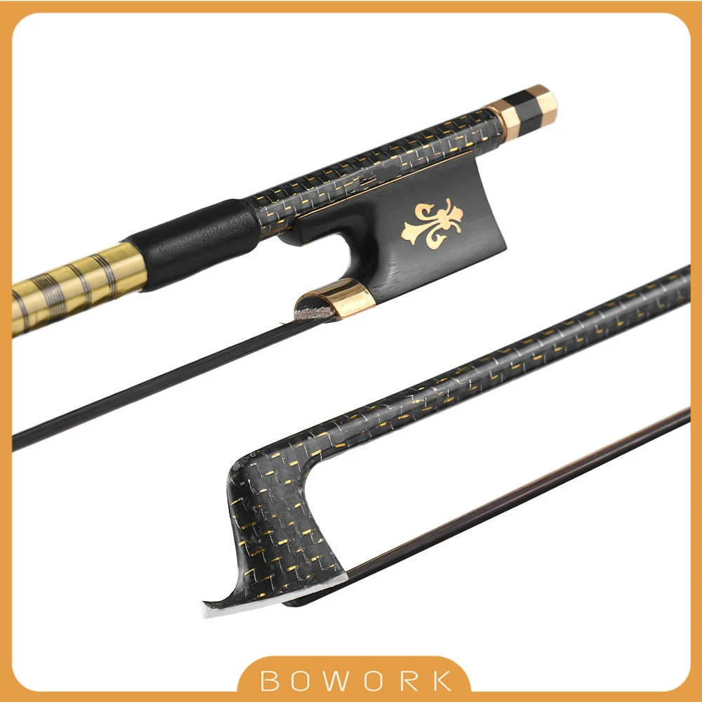 

4/4 Violin Fiddle Bow Golden Braided Carbon Fiber Round Stick Ebony Frog AAA Mongolia Black Horsehair & Bow Hair Clean Comb Tool