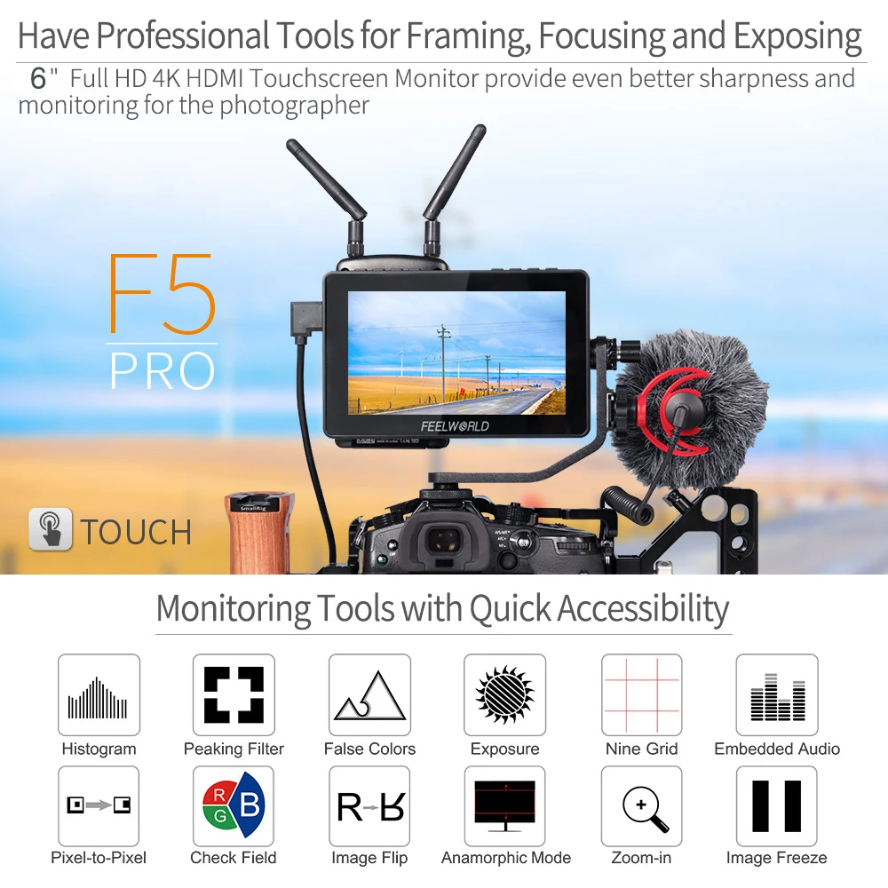 FEELWORLD F5 Pro V4 6-дюймовый сенсорный экран DSLR-камеры Полевой монитор с IPS 1920x1080 3D LUT 4K HDMI