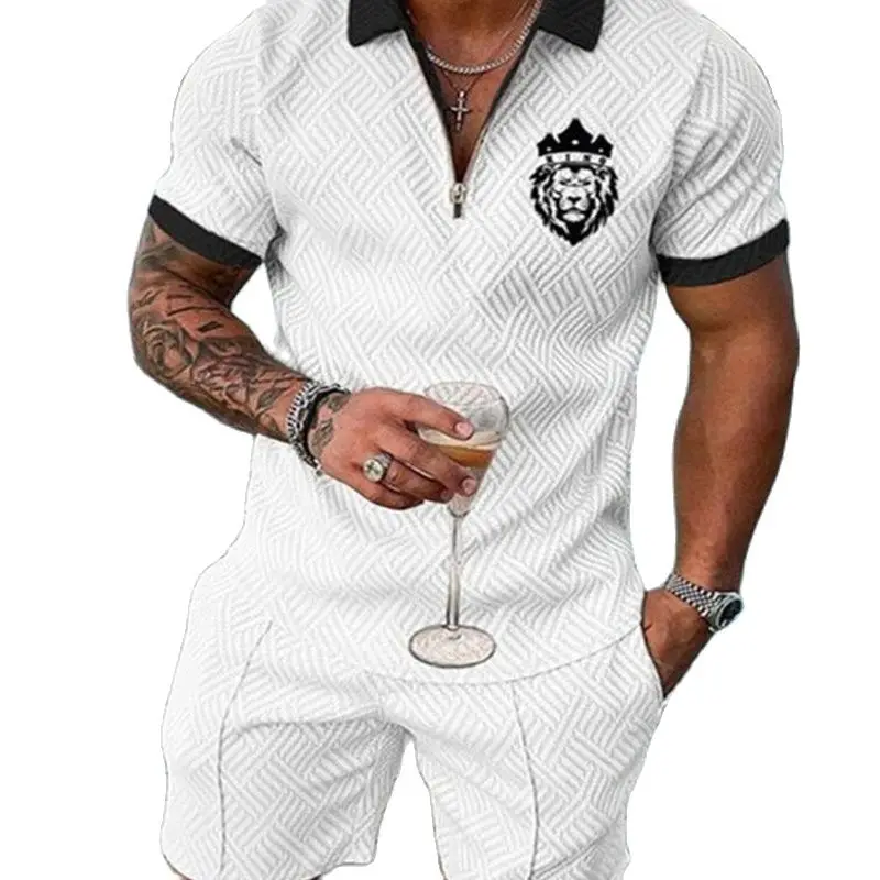 Men's Fashion Polo Shirt Set Men 3D Printed  V-neck Zipper Short Sleeve Polo Shirt+Shorts Two Pieces Man Vintage Suit