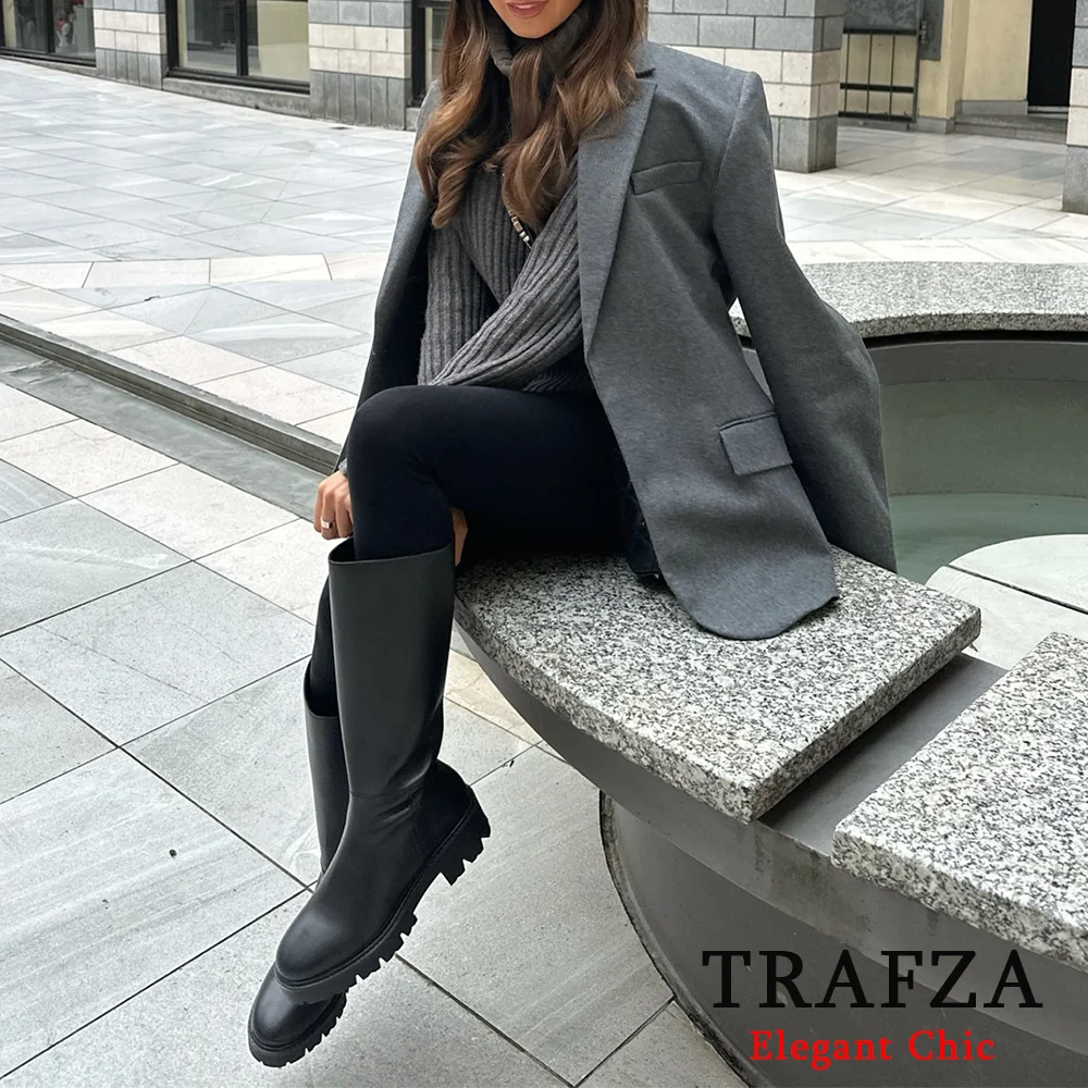 TRAFZA элегантный серый офисный блейзер женский однотонный пиджак с лацканами и