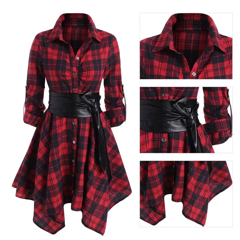 

Stylish Party Dress A-line Medium Length Soft Texture Plaid Pattern Midi Dress