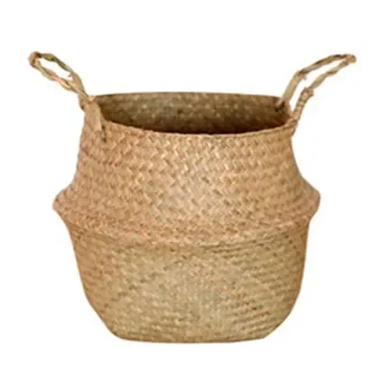 

Bamboo Storage Baskets Foldable Laundry Straw Patchwork Wicker Rattan Seagrass Belly Garden Flower Pot Plante Basket