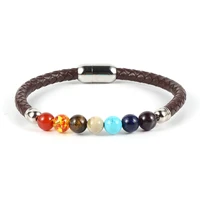 healing 7 chakra men women thin genuine leather with stainless steel buckle natural stone beads hard bracelet bangles
