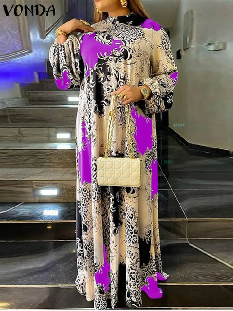 

VONDA Stylish Floral Printed Long Sundress Bohemian Maxi Dress Stand Collar Beach Vestidos Summer Women Long Lantern Sleeve Robe