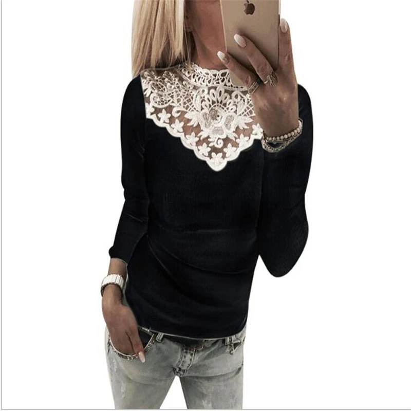

Fashion Women Sexy O Neck Lace Patchwork T Shirt Casual Slim Long Sleeve Tops T-shirt Tops