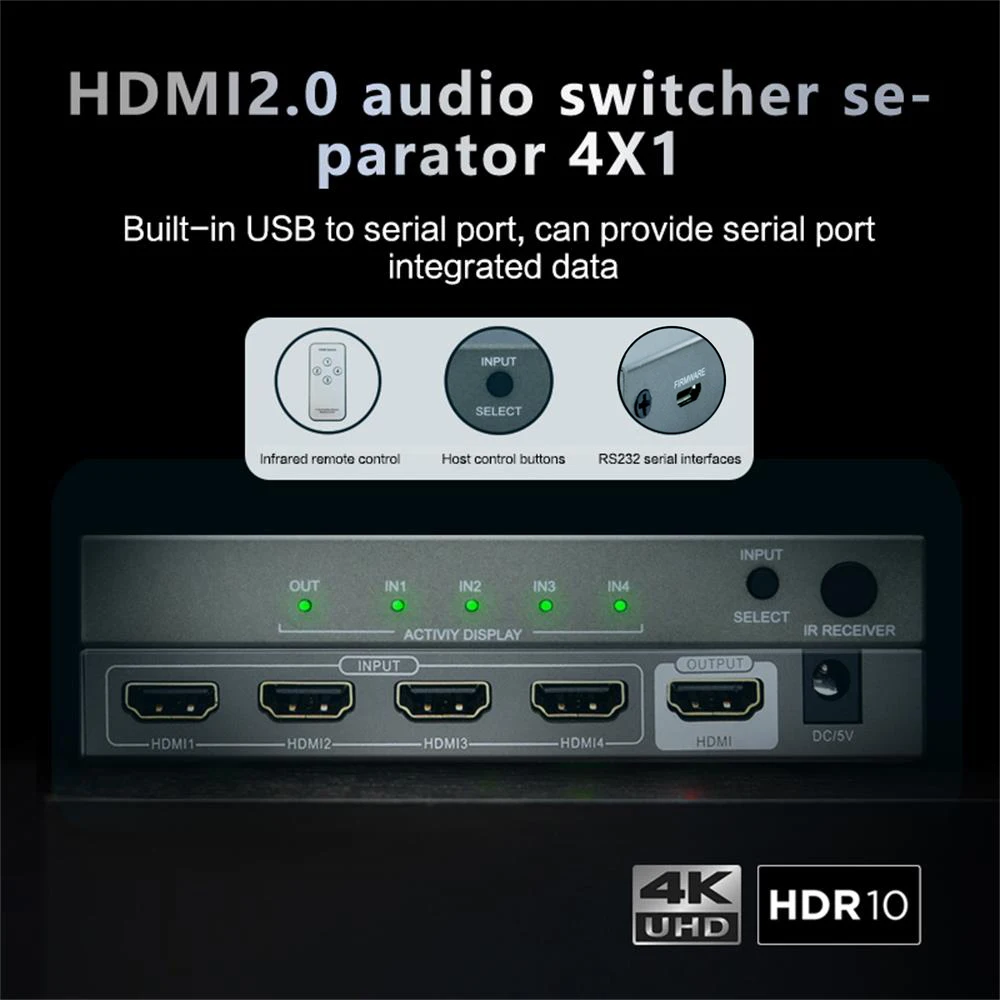4K 60 Гц HDR RS232 4 в 1 HDMI переключатель с 3,5 мм + SPDIF аудио разделительный экстрактор 4x1 hdmi 2,0 конвертер автоматический переключатель