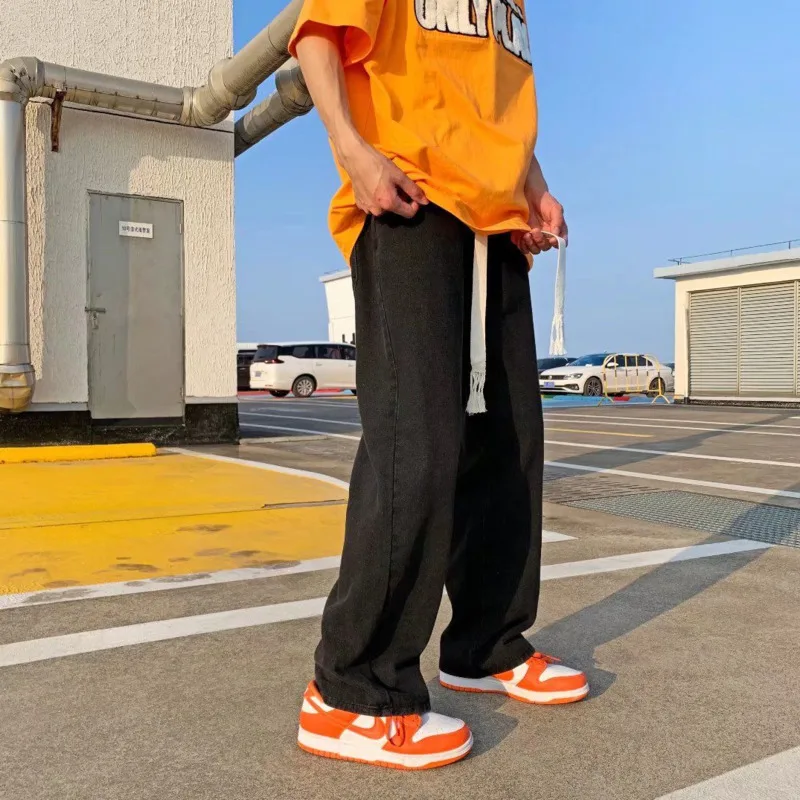 Blue/Black Baggy Jeans Men Fashion Drawstring Casual Wide Leg Jeans Mens Streetwear Loose Hip Hop Straight Denim Pants Men S-2XL