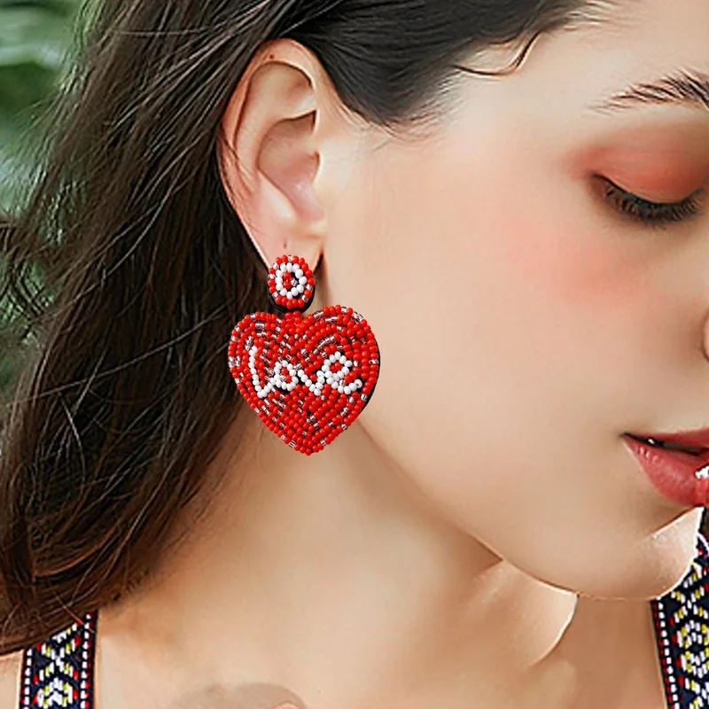 

2022 Seed Beaded Valentines Heart Earrings for Women Letter Love Embellished Statement Earrings Felt Back Valentine's Day Gifts