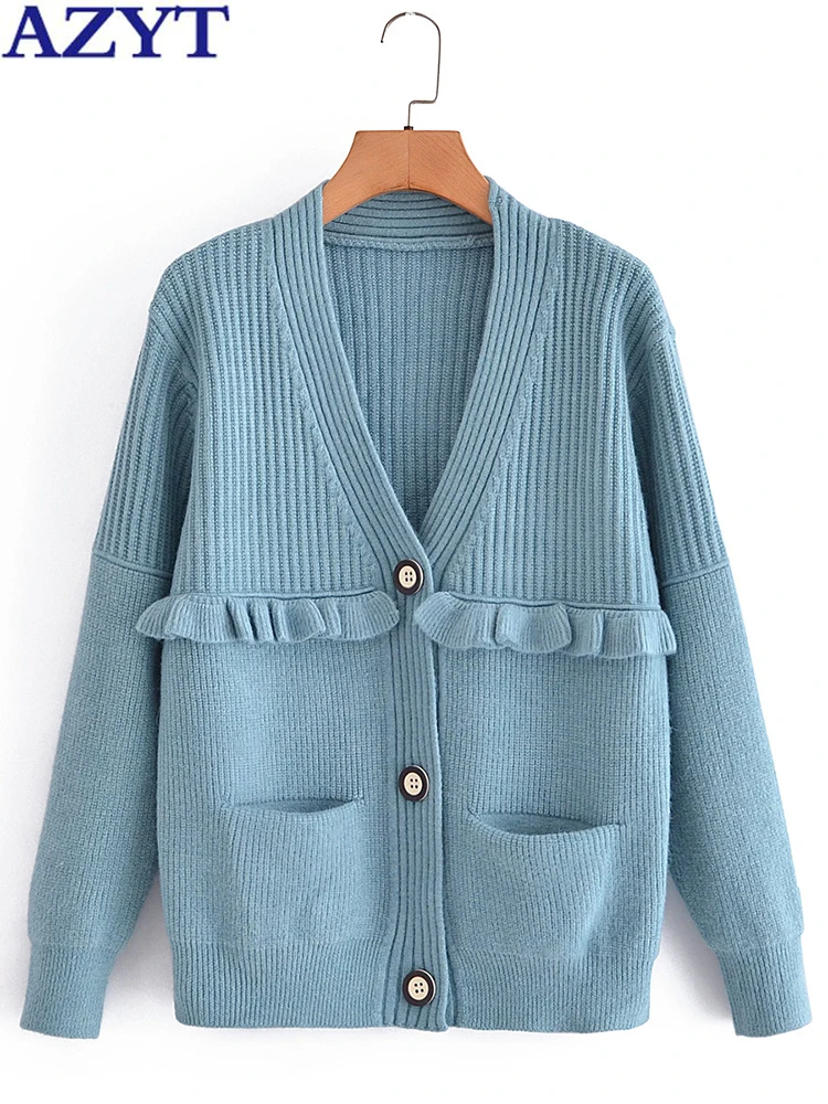 

AZYT Women V Neck Sweater Cardigan 2022 Autumn Fashion Ruffles Knitted Cardigan Female Jacket Casual Pocket Knit Sweater Coat