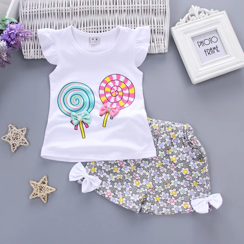 

Summer 2PCS/sets Kids Baby Girls Lollipop T-shirt Top Shorts Pants Set Clothes Girls Child Clothing Sets