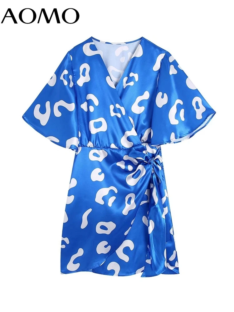 

AOMO 2022 New Vintage Style Women Blue Print Dress with Bow Short Sleeve Ladies Summer Dress CE72A