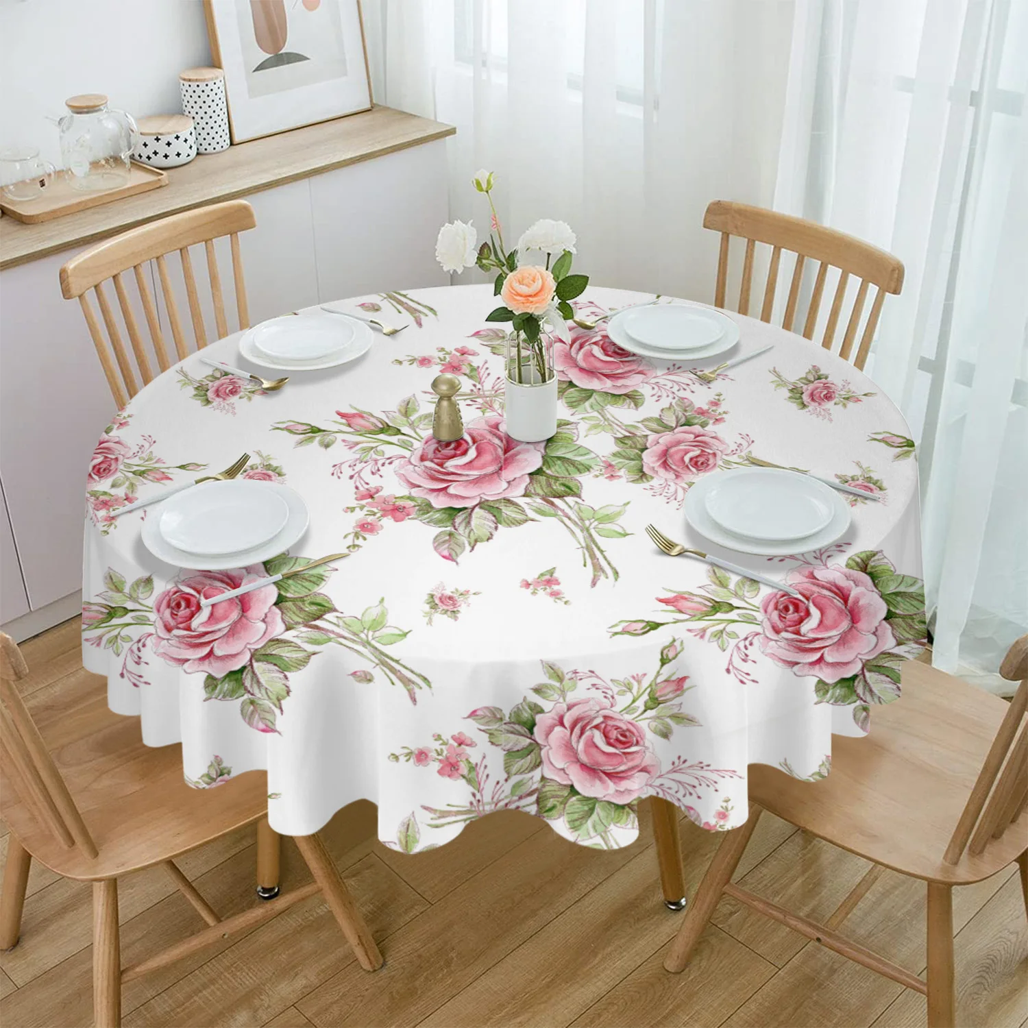 

Pink Rose Romantic Flower White Round Table Cloth Festival Dining Waterproof Tablecloth Table Cover for Wedding Party Decor