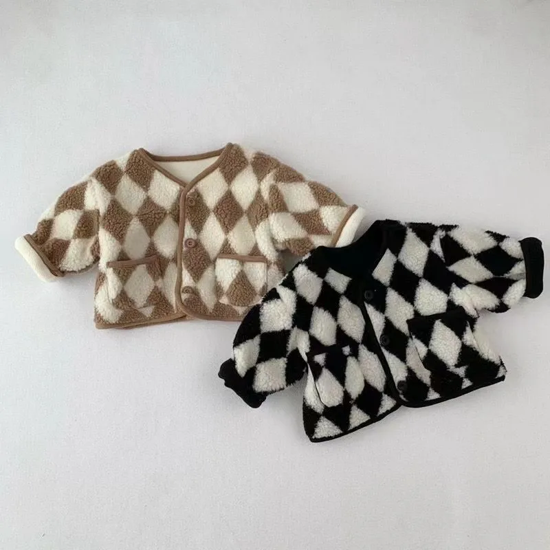 

Boy Girl Baby Winter Plus Fleece Thicken Plaid Coat Children Cardigan Pocket Long Sleeve Cotton Tops Kid Outdoor Fashion Jacket