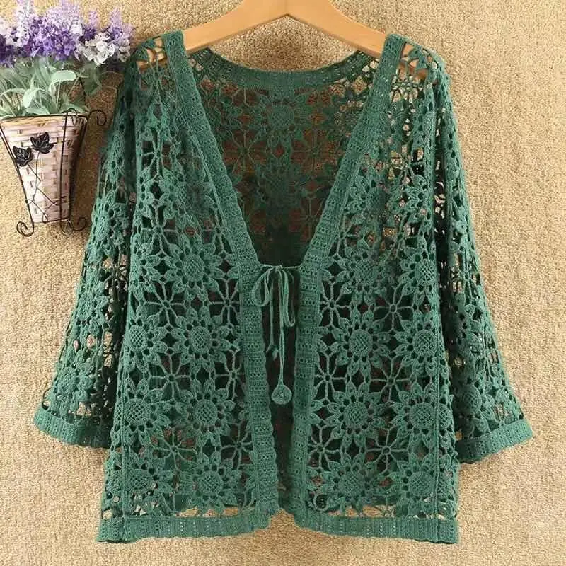 

2022 Women Summer New Sexy Hollow Lace Sunscreen Cardigans Female Air Conditioning Knitted Jackets Ladies Thin Sweater Coats W41