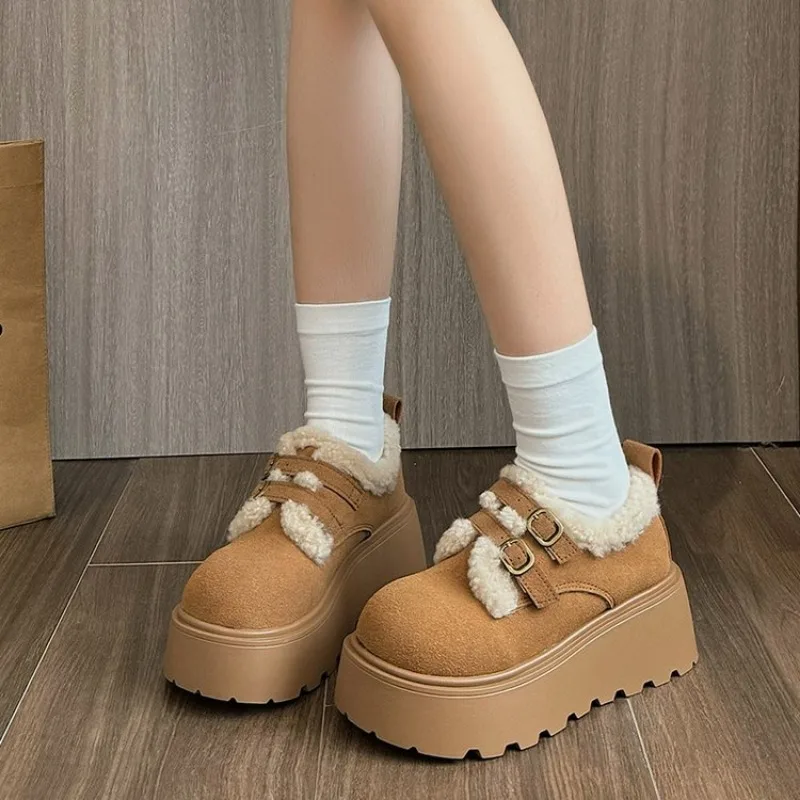Casual Woman Shoe Loers With Fur Clogs Platform Round Toe Modis Slip-on New Creepers 2025 Winter Lace-Up Solid Leisure Fashion