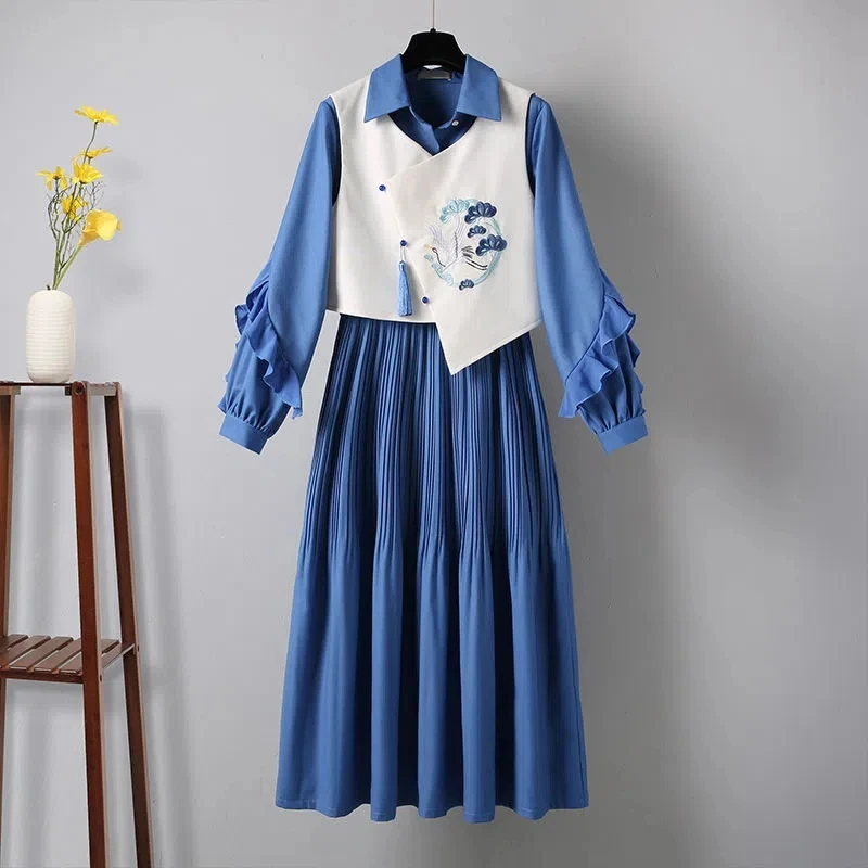 Plus Size Women's Hanfu Female Embroidery Chinese Style Autumn Improved Sweatshirt Coat Sling Dress Two-piece Suit Long Dresses