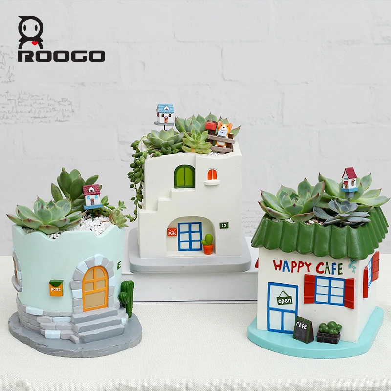 

Roogo Creative Retro House Shape Flowerpots European Style Resin Succulent Plant Pot Home Garden Bonsai Desktop Decoration