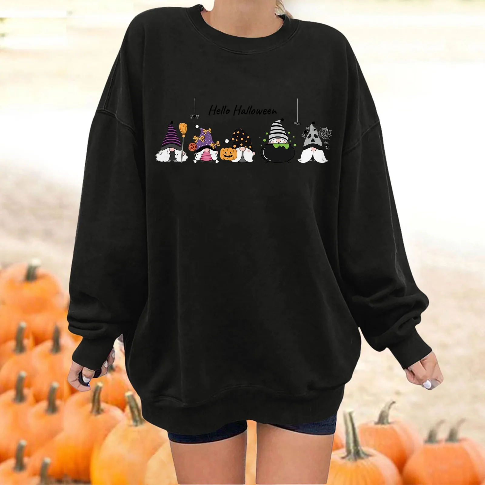 

Long Light Women's Halloween Pullovers Fun Graphic Print Round Neck Long Sleeve Sweatshirt Womens Fleece Undershirt