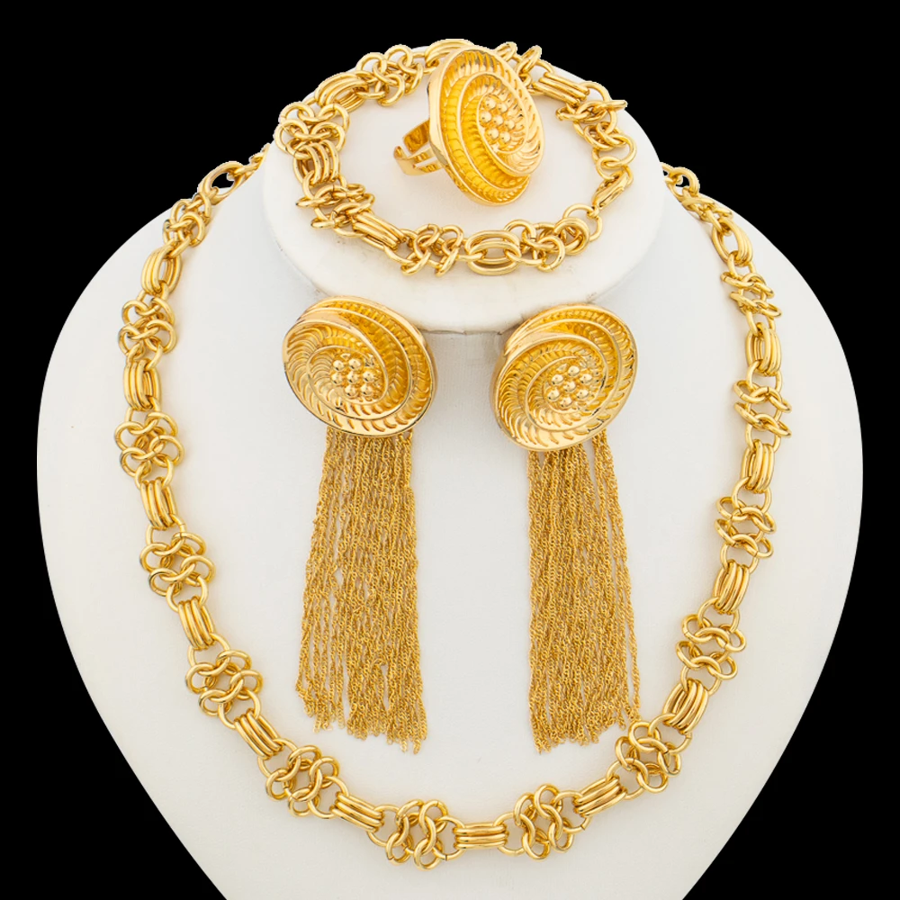 Exquisite Gold Color Jewelry Set for Women Bohemia Weddings Necklace with Earrings Bangle Ring 4Pcs Set for Bridal Party Jewelry