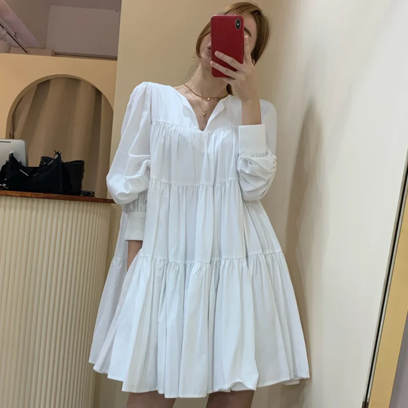 

Korea Puff Long Sleeve Dress Women V Neck Button Loose Mini Dress White Elegant Ladies Pleated Dress Vestidos