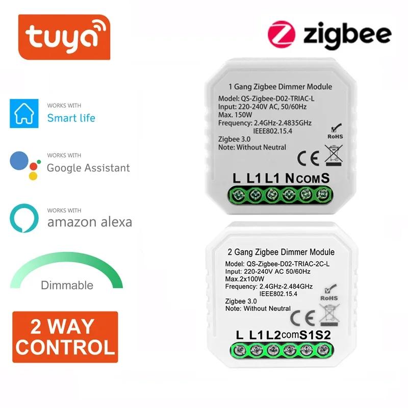 

Регулятор яркости Tuya Zigbee 3,0, модуль переключателя без нейтральной регулировки яркости, двухстороннее управление, умное реле освещения, работает с Alexa Google Home