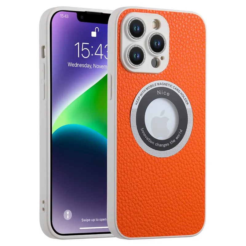 

Business Logo Hole PU Leather Phone Case for iPhone 11 12 13 14 Pro Max 14 Plus Glass Lens Protector Soft Shockproof Back Cover