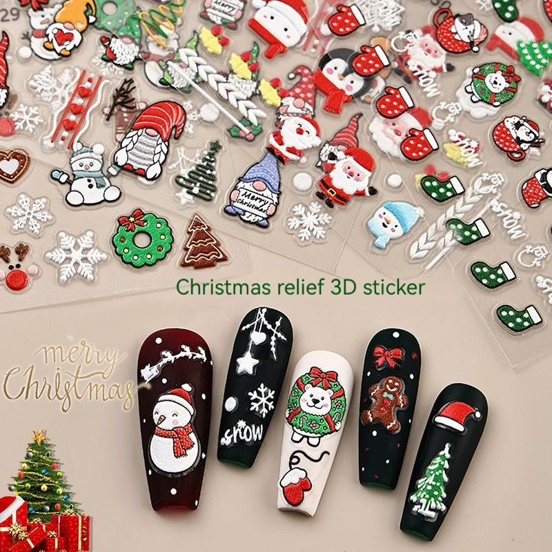 

3DCartoon Snowman Santa Nail Stickers Christmas Nail Art Three-Dimensional Adhesive Backing Relief Snowflake Nail Art Decal
