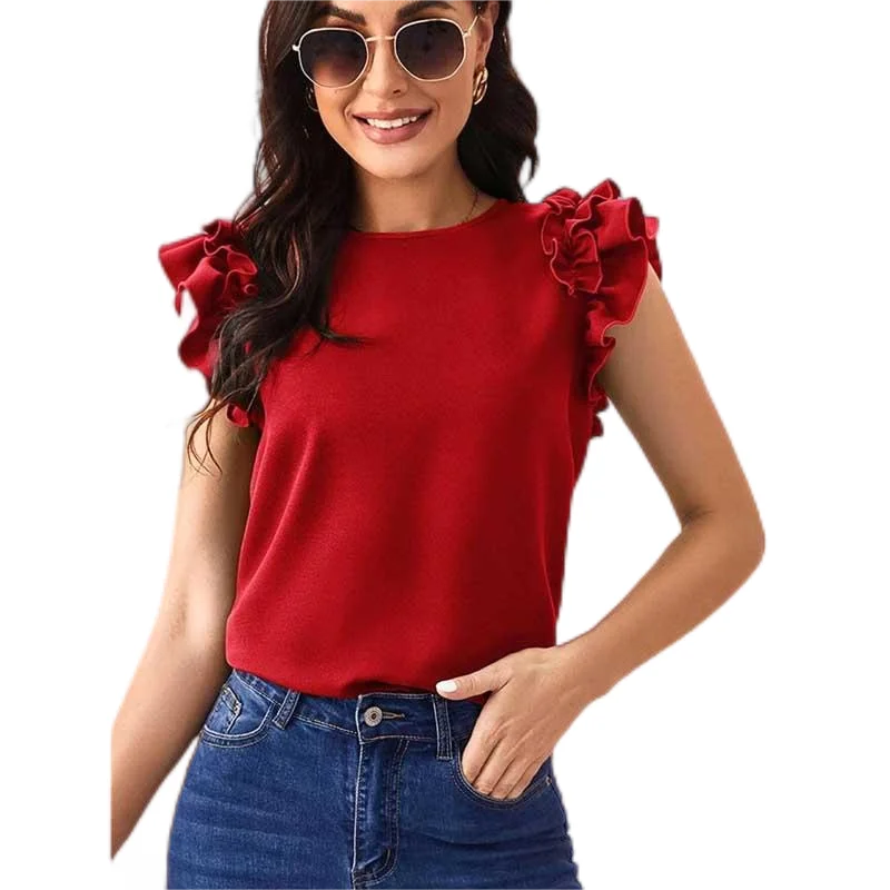 

The New Chiffon Shirt Ruffle Trim Fashion Peplum Tops Women T Shirt