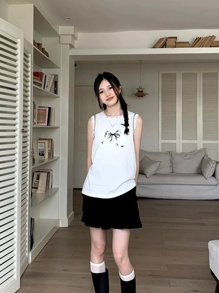 HOUZHOU Kawaii Милая Лоскутная майка Женская корейская мода винтажная Кружевная