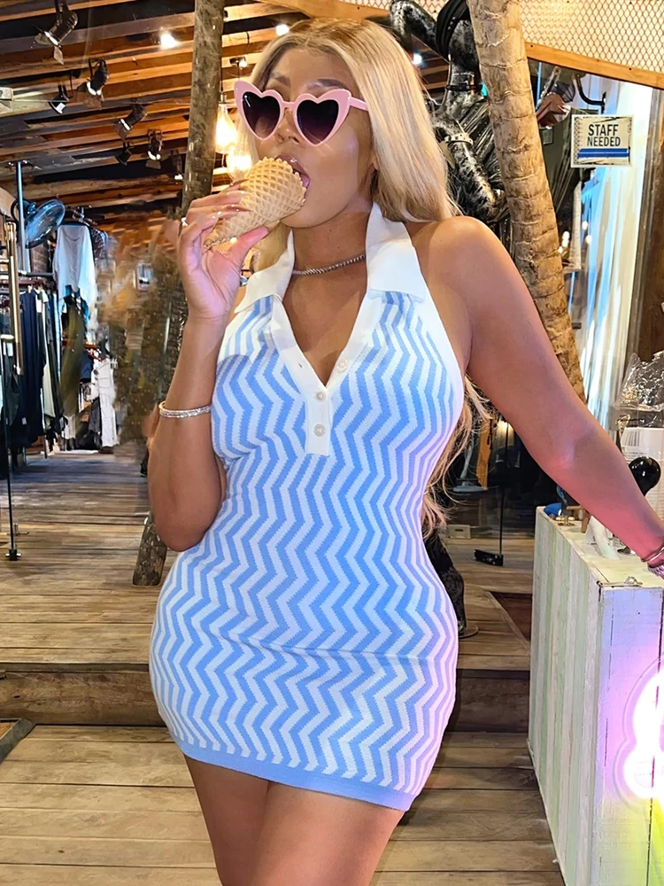 

Женское трикотажное облегающее платье в полоску, летнее привлекательное мини-платье с отложным воротником и открытой спиной, Клубная одежд...
